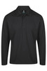 A long-sleeve black polo shirt featuring a collar and a button placket, with a logo present.