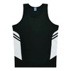 A black singlet with white accents and a logo on the front. It features a sleeveless design.