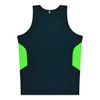 A black singlet with bright green side panels and a logo on the back.