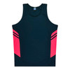 A dark navy singlet with bright pink side panels and a branding logo on the label.
