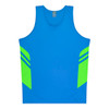 A blue singlet featuring bright green accents and branding. Ideal for active wear or casual outings.