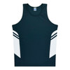 A black and white singlet featuring contrast stripes and a branded label. Suitable for kids.