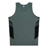A grey singlet with black side panels and stripes, featuring a branding logo.