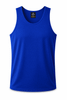 A blue men's singlet featuring a round neckline and a logo on the label.