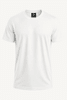 A white T-shirt with short sleeves and a branded neck label, suitable for kids.