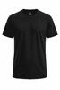 A black T-shirt with a round neckline and short sleeves. Features a simple design and a brand logo.