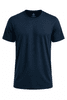A navy blue t-shirt featuring short sleeves and a logo on the chest area.
