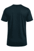 A black t-shirt with a round neckline and short sleeves. The back view is displayed, featuring a logo.
