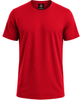 A bright red t-shirt featuring short sleeves and a plain design, with a logo on the inner neck.