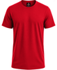 A bright red t-shirt featuring short sleeves and a plain design, with a logo on the inner neck.