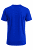A bright blue t-shirt with a crew neck and short sleeves, featuring a branding logo on the back.