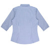 A blue and white checked button-up shirt with 3/4 sleeves and a collar, featuring a branding logo.