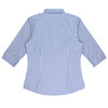 A blue and white checked button-up shirt with 3/4 sleeves and a collar, featuring a branding logo.