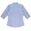 A blue and white checked button-up shirt with 3/4 sleeves and a collar, featuring a branding logo.