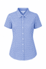 A short-sleeve ladies' shirt in a blue and white checked pattern with a collar and buttons, featuring a logo.