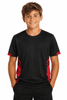 A black T-shirt with red accents, featuring a young boy smiling while posing with hands in pockets.