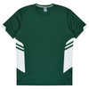 A green t-shirt with white side accents and a logo on the chest. Ideal for kids.