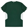 A dark green kids' T-shirt with white panels on the sides, featuring a logo on the back.