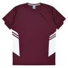 A maroon T-shirt with white panels and a logo. Suitable for kids, featuring a sporty design.