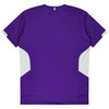 A purple t-shirt with white side panels and a logo on the back. Ideal for casual wear.