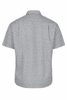 A short-sleeve button-up shirt featuring a black and white checkered pattern, with a collar and a logo.