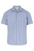A short sleeve button-up shirt in blue and white gingham pattern, featuring a logo on the chest.