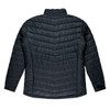 A black jacket with a chevron pattern, featuring a high collar and long sleeves. It has a logo on the back.