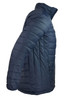 A navy blue jacket with a quilted design and a high collar, featuring a zippered pocket on one side.