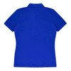 A blue women's polo shirt with a collar and short sleeves, featuring a logo on the back.