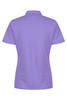 A back view of a purple polo shirt featuring a collar and short sleeves. It includes a logo.