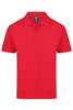 A red polo shirt with a collar and three buttons, featuring a small logo on the label.