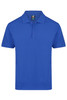 A blue polo shirt featuring a collar, short sleeves, and a three-button placket, with a logo on the label.
