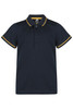 A navy polo shirt with yellow accents on the collar and sleeves, featuring a three-button placket and a logo.