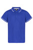 A blue polo shirt featuring a collar and matching trim, designed for kids with a logo on the label.