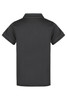 A black polo shirt with short sleeves and a collar, featuring a logo on the back.