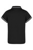 A black polo shirt with contrasting stripes on the collar and sleeves. The shirt features a branded logo.