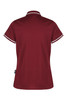 A maroon polo shirt with contrasting stripes on the collar and sleeves, featuring a logo.