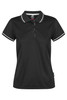 A black polo shirt with a collar and contrasting white stripes, featuring a logo and buttons down the front.