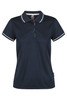 A navy blue women's polo shirt with a white-striped collar and button placket. It has a logo on the label.