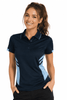 A navy blue women's polo shirt with light blue accents and stripes, featuring a logo on the chest.