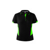A black polo shirt featuring vibrant green accents and a logo on the chest.