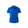 A blue women's polo shirt featuring black side panels and a collar, with a logo on the neckline.