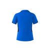 A blue polo shirt with black side accents, featuring a collar and short sleeves. It has a logo on it.