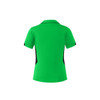 A bright green polo shirt with black side accents, featuring a collar and short sleeves. It has a logo on the chest.