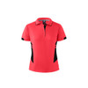 A red polo shirt for women featuring black side panels and a collar. Includes branding on the label.