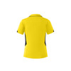 A yellow polo shirt with black side panels, featuring a collar and short sleeves. It has a logo on it.