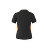 A black polo shirt with orange accents, featuring a tailored fit and a collar. It has a logo on the garment.