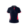 A navy polo shirt for women featuring vibrant pink accents and a branding logo on the collar.