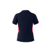A navy polo shirt with pink accents and a logo, featuring a classic collar and short sleeves.
