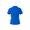 A blue polo shirt featuring green accents and a collar, showcasing a sleek and sporty design.